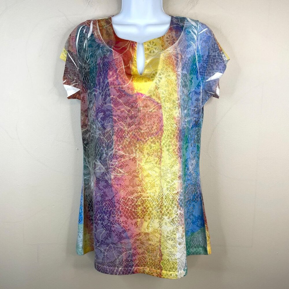 Vintage Hippie Knit Tunic Top Womens Size L Shimmer‎ Trippy Stretchy Clowncore